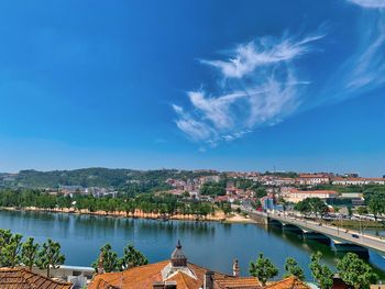 Panoramic view of river and buildings against blue sky