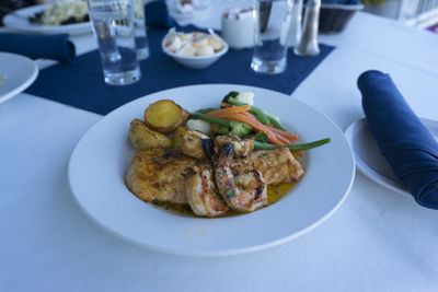 High angle view of food served on table