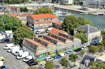 High angle view of street amidst buildings in city