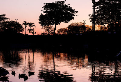 Silhouette trees by lake against sky at sunset