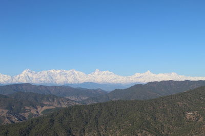 Scenic view of mountains against clear blue sky