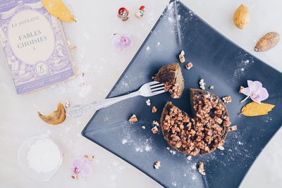 High angle view of cookies in plate on table