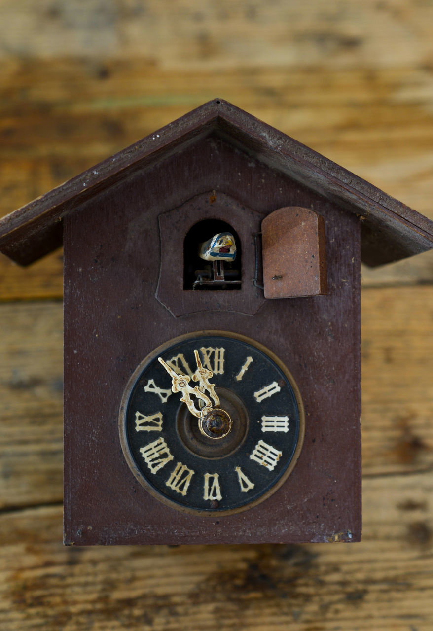 CLOSE-UP OF OLD CLOCK ON WOODEN WALL