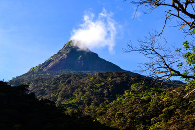 Low angle view of volcanic mountain against sky