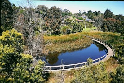 High angle view of trees by lake against sky