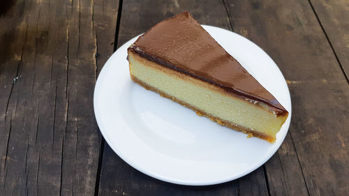 High angle view of cake in plate on table