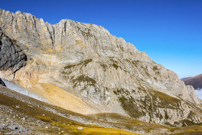 Scenic view of mountains against clear blue sky