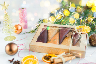 Close-up of christmas decorations on table