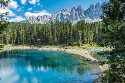 Enchanted panorama. lake of carezza. dolomites, italy