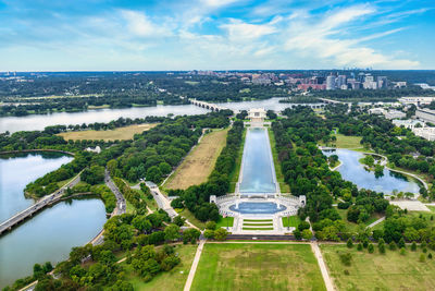 High angle view of river amidst buildings in city