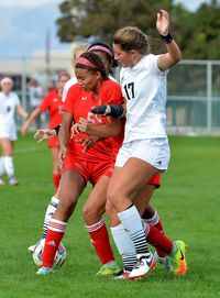 Full length of friends on soccer field