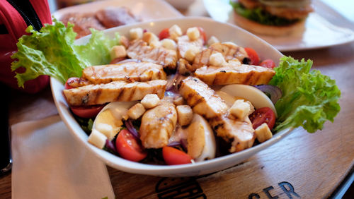 High angle view of breakfast served on table