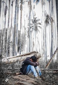 Man sitting on tree trunk in forest