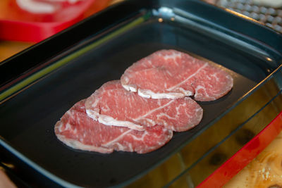 High angle view of meat on table