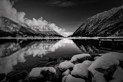 Scenic view of lake and mountains against sky