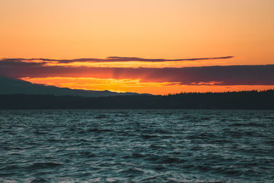 Scenic view of sea against romantic sky at sunset