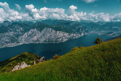 Panoramic view from monte baldo of the old town of riva del garda in italy.