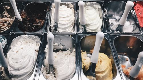 High angle view of various ice creams in store