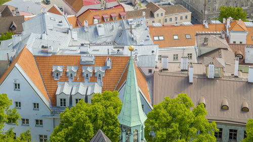 High angle view of residential buildings in city