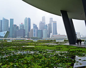 High angle view of city skyline