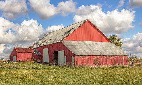 Traditional house on field against sky