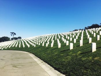 Low angle view of tombstones in cemetery against clear blue sky