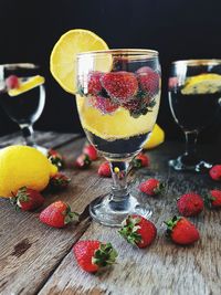 Close-up of fruits in glass on table