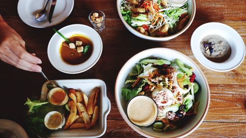 High angle view of food served on table