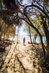 Rear view of young woman with backpack walking at beach