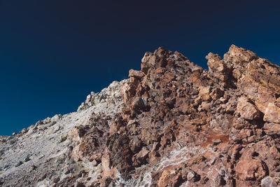 Low angle view of rock formation against clear blue sky