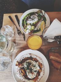 High angle view of breakfast served on table