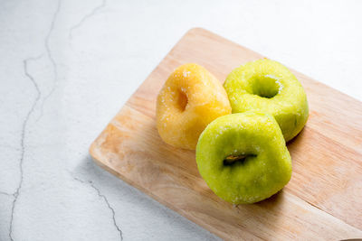 High angle view of chopped fruits on table