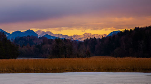 Scenic view of lake against sky during sunset