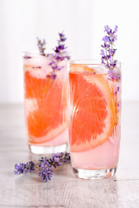 A cocktail of grapefruit and lavender paired with tequila, full of bright citrus aromas  