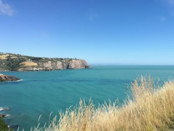 Scenic view of sea against clear blue sky