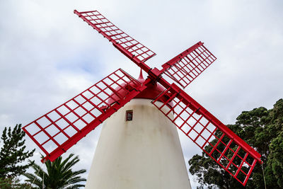 Low angle view of traditional windmill against sky