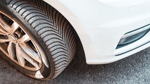 High angle view of tire in car