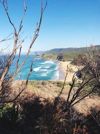 Scenic view of sea against clear blue sky