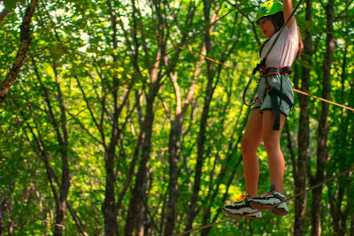 Woman standing by tree trunks in forest