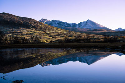 Scenic view of lake and mountains against clear blue sky