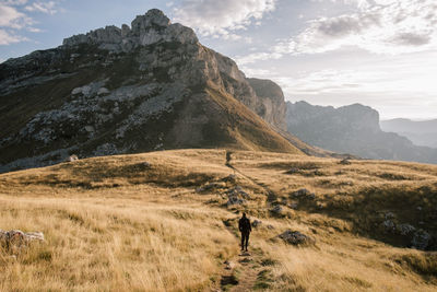 Rear view of man standing on field against mountain range