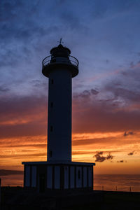 Silhouette lighthouse by sea against sky during sunset