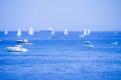 Sailboats sailing in sea against clear sky