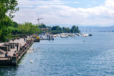 Daily life of people by lake zurich. people and tourists relax by the lake to enjoy sun and water.