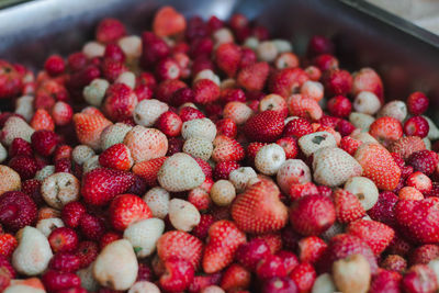 High angle view of strawberries in bowl