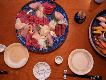 High angle view of meal served on table