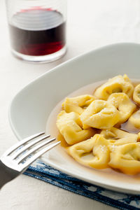 High angle view of pasta in plate on table