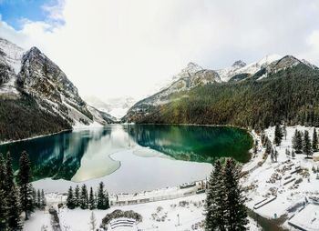 Scenic view of lake by snowcapped mountains against sky