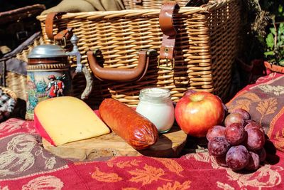 Close-up of fruits in basket on table