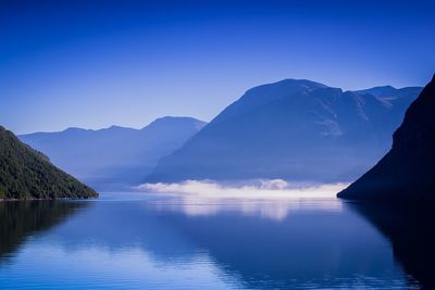 Scenic view of sea and mountains against blue sky